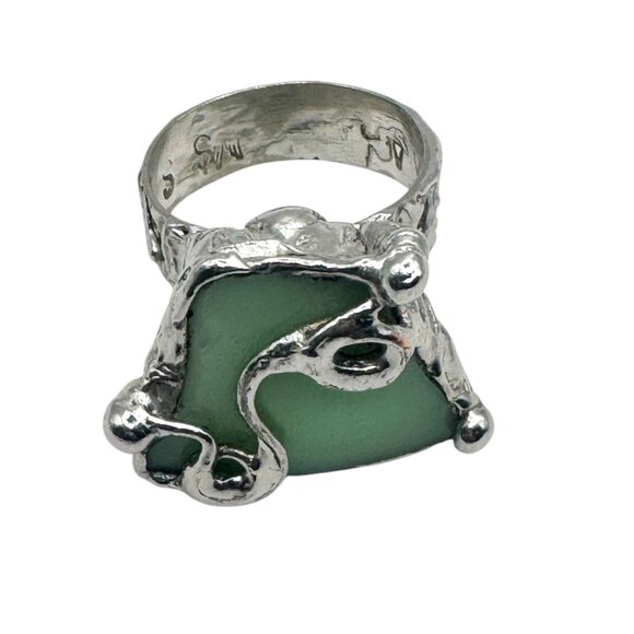 Uranium Glass Silver-Blend Statement Ring Artisan Handcrafted Glows W/ UV Light - Picture 11 of 14